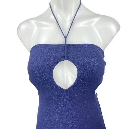 Women's Navy Blue Glitter Sleeveless Halter Cutout Tie Back Midi Dress Size XS