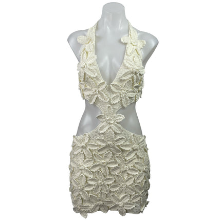 NEW MESHKI Jaylene Cream Ivory Floral Crochet Tie Back Cutout Mini Dress Size S