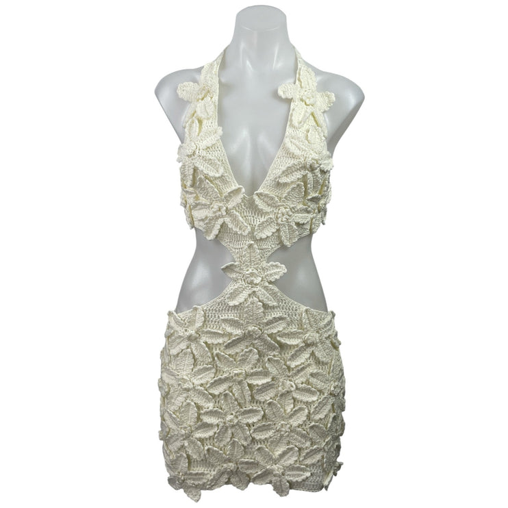 NEW MESHKI Jaylene Cream Ivory Floral Crochet Tie Back Cutout Mini Dress Size S