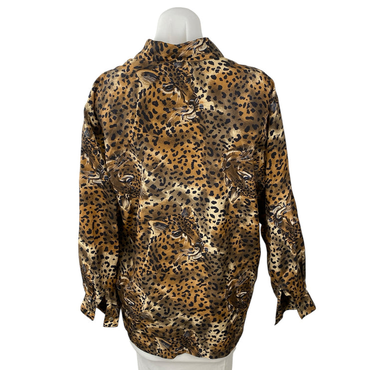 Vintage Lady Bear 100% Silk Animal Print Long Sleeve Button Down Shirt Top Sz M