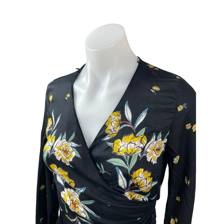 Zara Women's Black Floral Long Sleeve V Neck Tie Wrap Peplum Blouse Top Size M