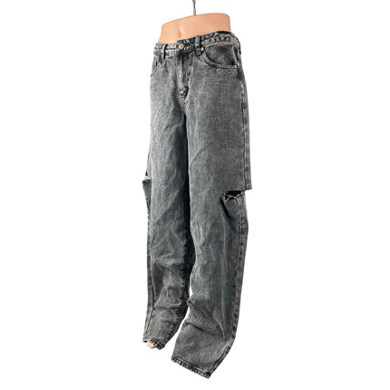 PrettyLittleThing Women's Black Washed Distressed Wide Leg Baggy Denim Jeans 4