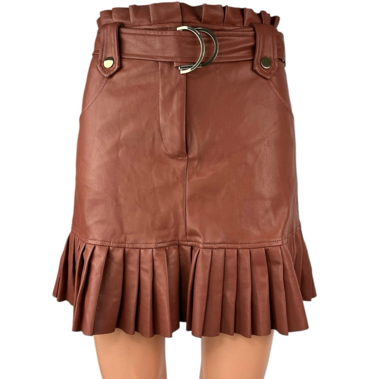 Zara Brown Faux Vegan Leather Belted Pleated Straight A-Line Mini Skirt Size XS