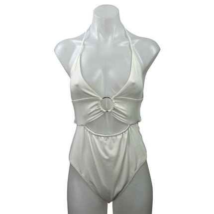 Princess Polly White Halter Ring Plunge Cutout One Piece Swimsuit Swimwear Sz 8