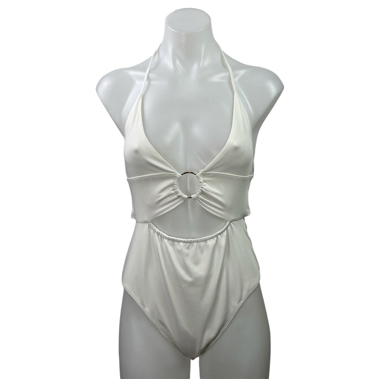 Princess Polly White Halter Ring Plunge Cutout One Piece Swimsuit Swimwear Sz 8