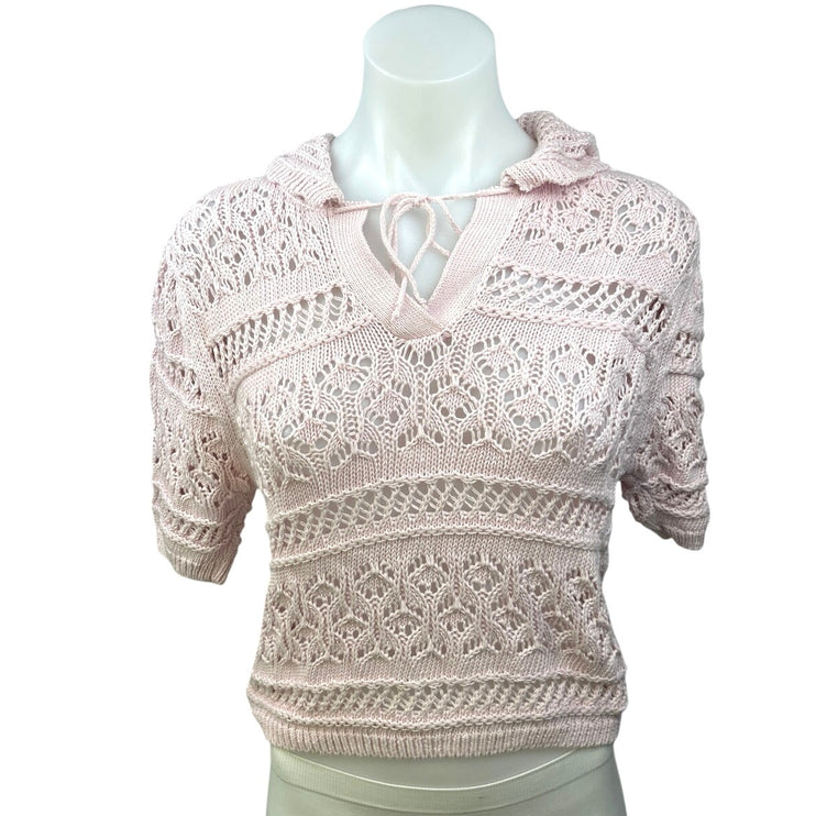 Zara Pink Crochet Collared Tie V-neck Open Knit Short Sleeve Sweater Top Size M