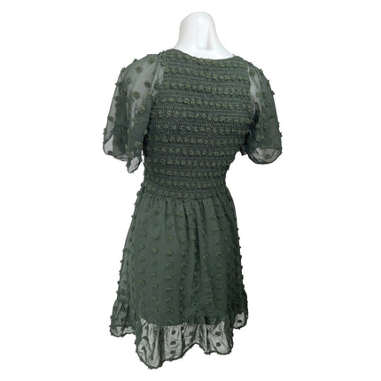 BTFBM Green Polka Swiss Dot Short Sleeve Smocked V-Neck Mini Fit & Flare Dress S