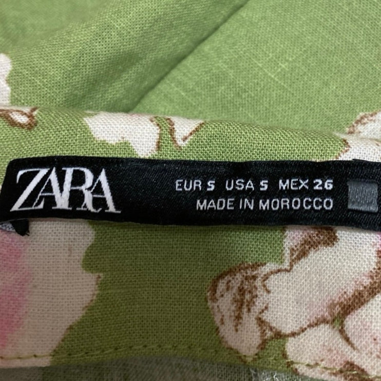 Zara Women's Green Linen Floral Buttons Slit Midi Maxi Straight Pencil Skirt S