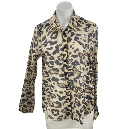 Emi-Jo Women's Leopard Print Collared Long Sleeve Button Down Shirt Blouse Top M