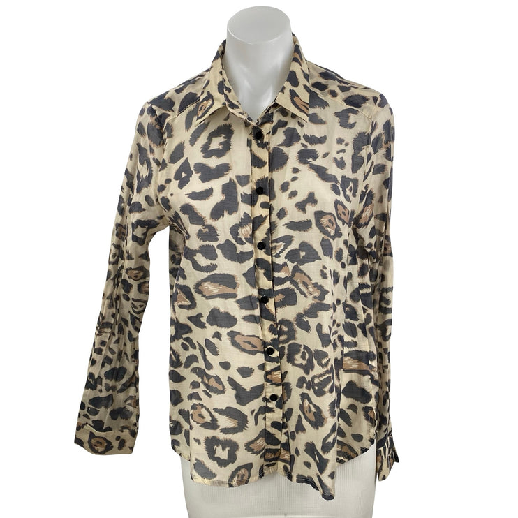 Emi-Jo Women's Leopard Print Collared Long Sleeve Button Down Shirt Blouse Top M