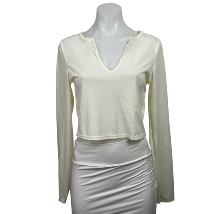 MISSGUIDED Women's Cream Ribbed Knit Long Sleeve V-neck Blouse Crop Top Sz 8T