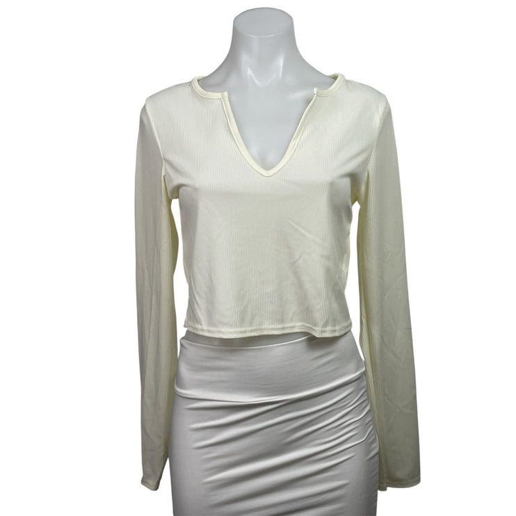 MISSGUIDED Women's Cream Ribbed Knit Long Sleeve V-neck Blouse Crop Top Sz 8T