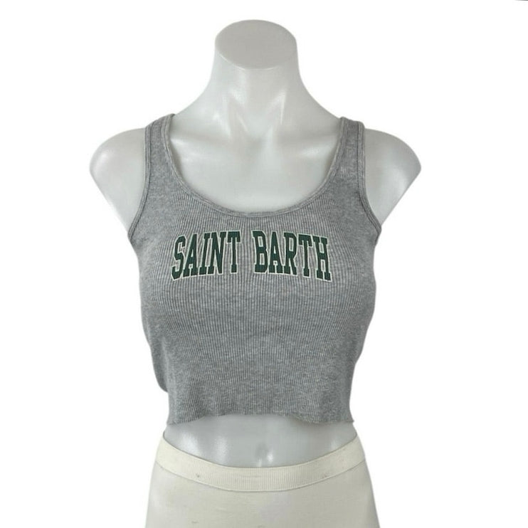 John Galt Saint Barth Women's Gray Ribbed Graphic Sleeveless Crop Tank Top Sz S