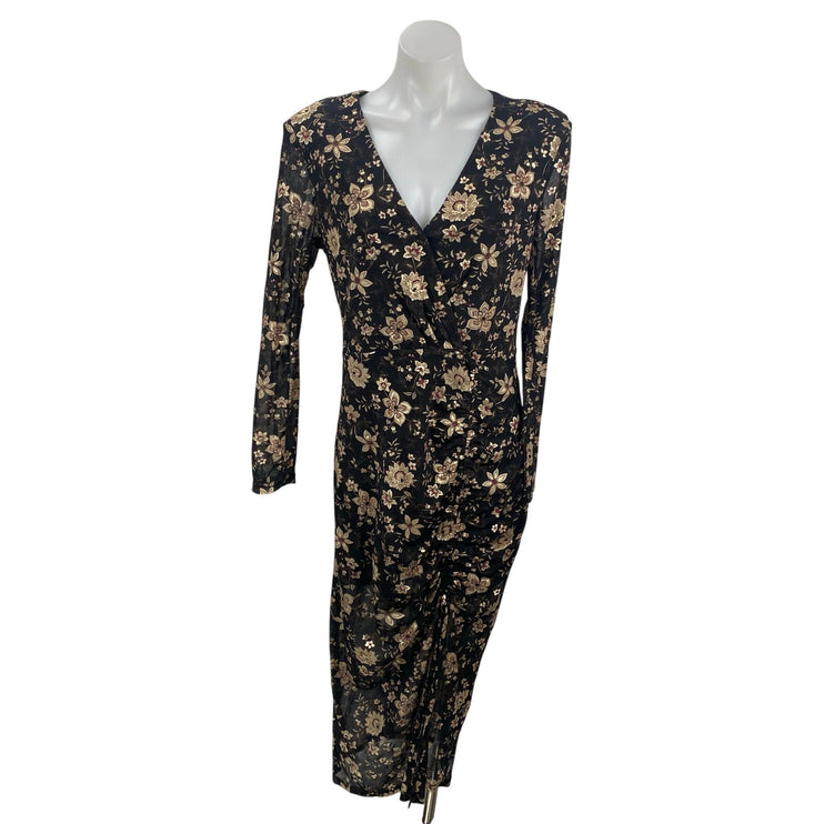 Dress Forum Black Beige Floral Long Sleeve Faux Wrap Surplice Midi Dress Size L