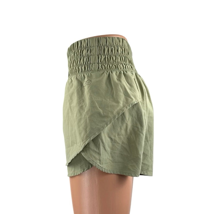 Calia Women's Green Tan Elastic Smocked High Waisted Mini Shorts Set of 2 Size S