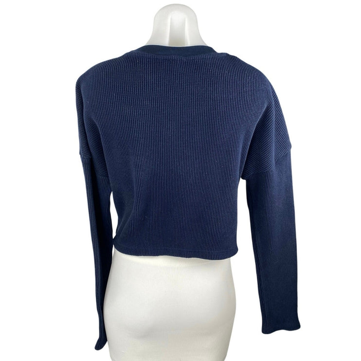 Onia Women's Navy Blue Waffle Knit Crewneck Long Sleeve Crop Sweater Top Sz S/P