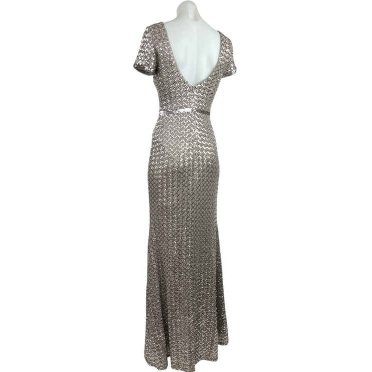 Aqua Formal Taupe Silver Sequin Fishnet Scoop Back Evening Maxi Dress Size 4