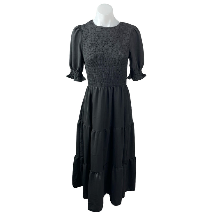 BTFBM Women Black Smocked Tiered Half Puff Sleeve Midi Maxi Flare A-Line Dress S