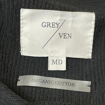 Grey/Ven Women's Black Ribbed Knit Short Sleeve Button Polo Sweater Top Size M