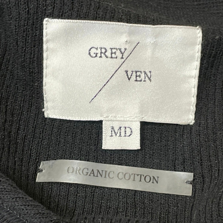 Grey/Ven Women's Black Ribbed Knit Short Sleeve Button Polo Sweater Top Size M