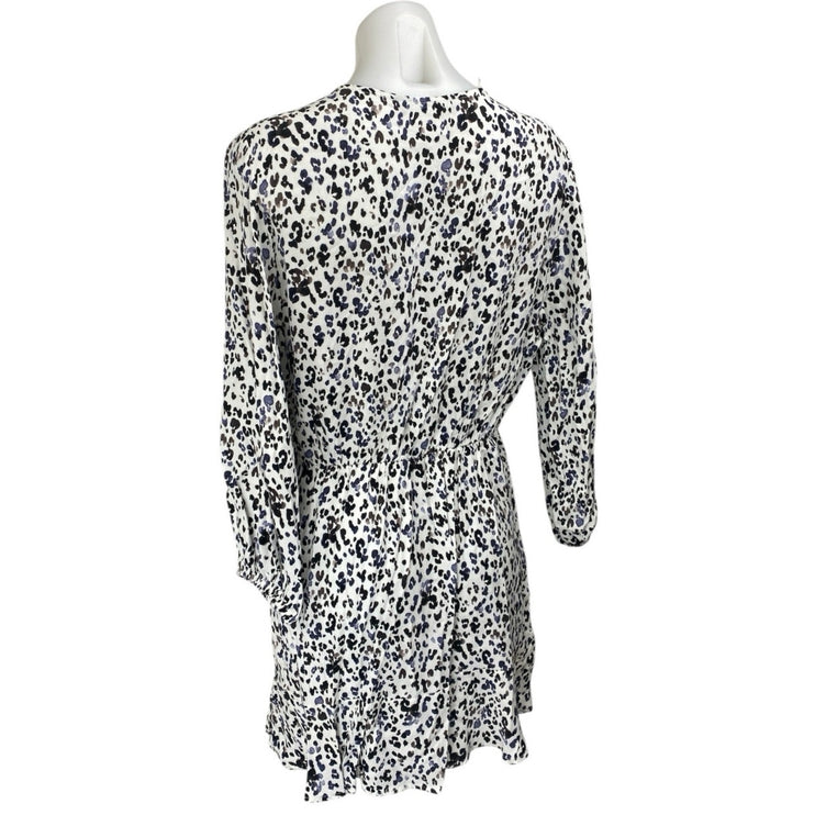 Zara White Black Leopard Long Sleeve V Neck Pleated Faux Wrap Aline Mini Dress L