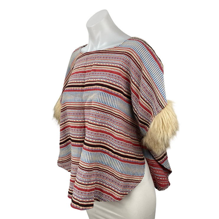 Minkie Women's Red Striped Faux Fur Fringe Short Sleeve Sweater Top Size OS