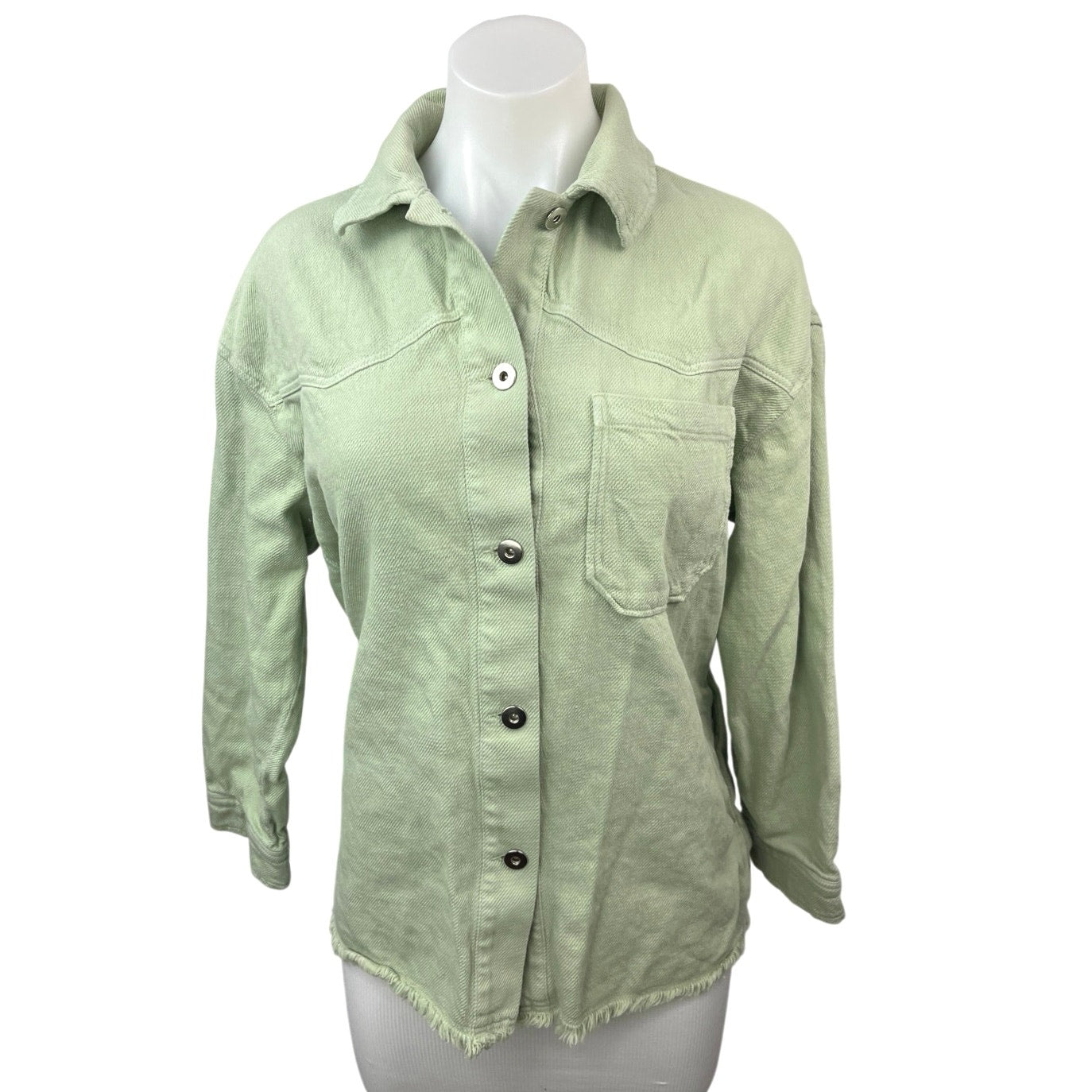 Zara Women's Green Denim Button Down Raw Hem Long Sleeve Shirt Jacket Brie Zara Women's Green Denim Button Down Raw Hem Long Sleeve Shirt Jacket Brie