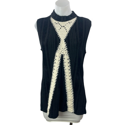 Thakoon Black Cream Crochet Trim Wool Sleeveless Mock Neck Tank Sweater Top L
