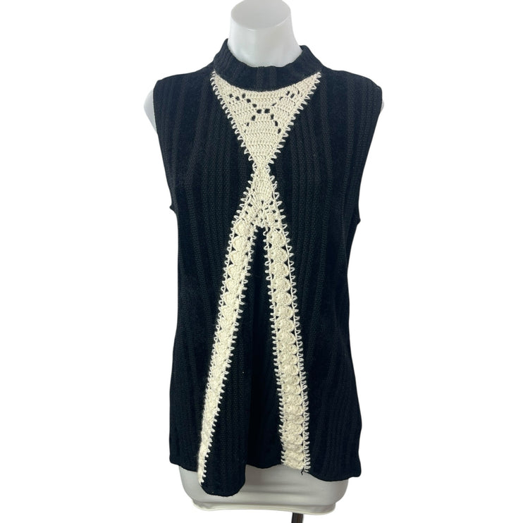 Thakoon Black Cream Crochet Trim Wool Sleeveless Mock Neck Tank Sweater Top L