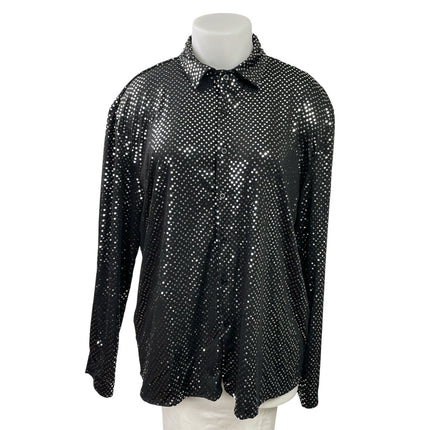Womens Black Metallic Sequin Embellished Long Sleeve Button Down Shirt Top Sz XL