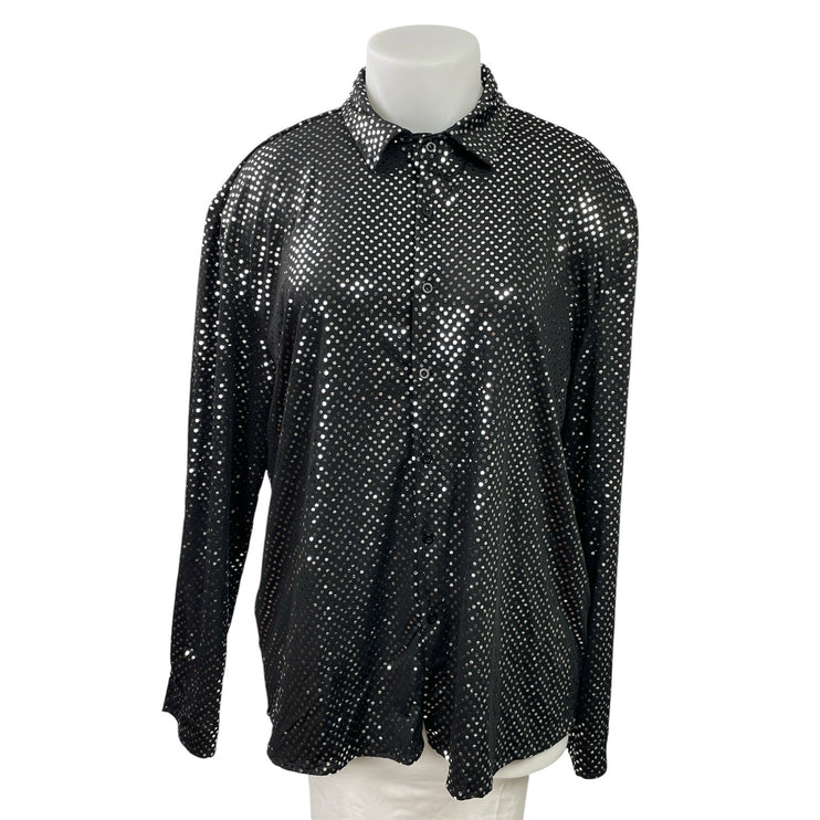 Womens Black Metallic Sequin Embellished Long Sleeve Button Down Shirt Top Sz XL