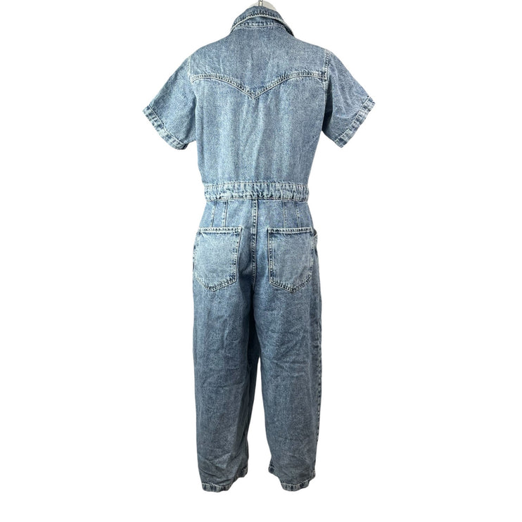 Free People Marci Blue Vollared Short SleeveTapered Denim Coverall Jumpsuit Sz M