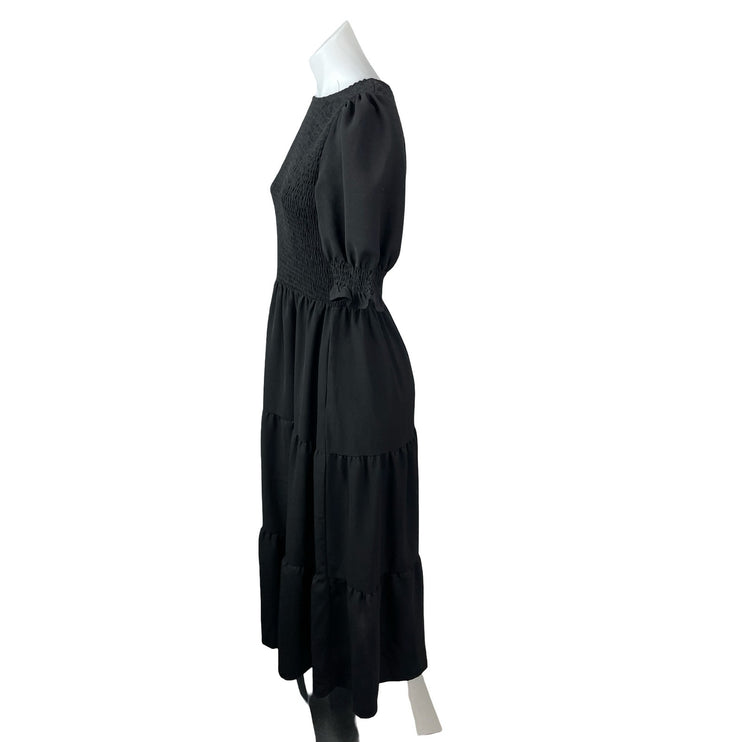 BTFBM Women Black Smocked Tiered Half Puff Sleeve Midi Maxi Flare A-Line Dress S