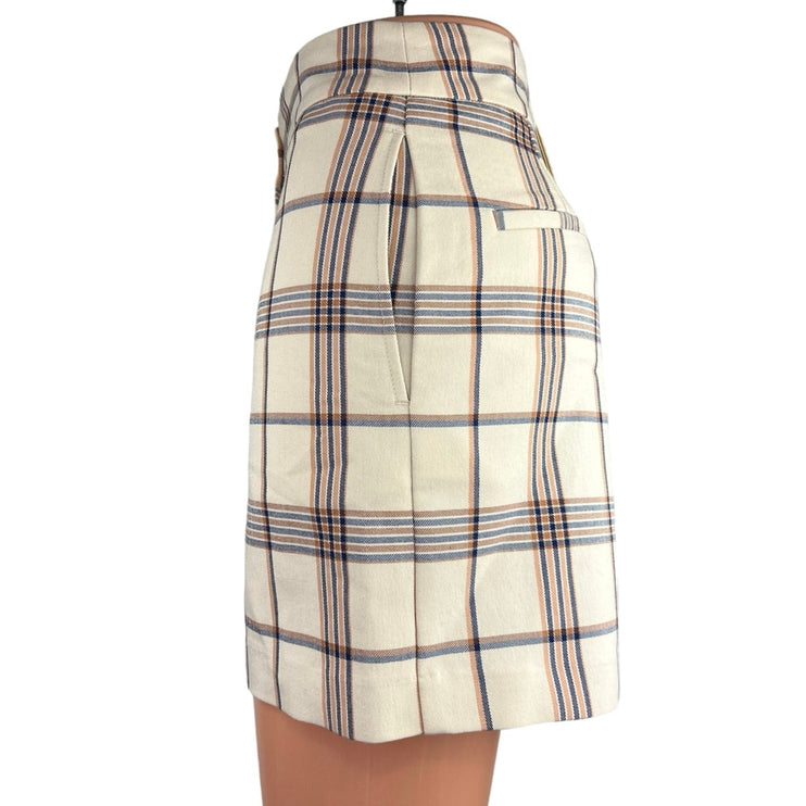 NEW Maje Izore White Blue Plaid Checkered High Waist Pockets Casual Shorts Sz 34