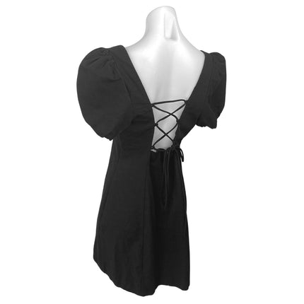 Zara Black Short Puff Sleeve Lace Up Back Square Neck Mini A Line Dress Size XL