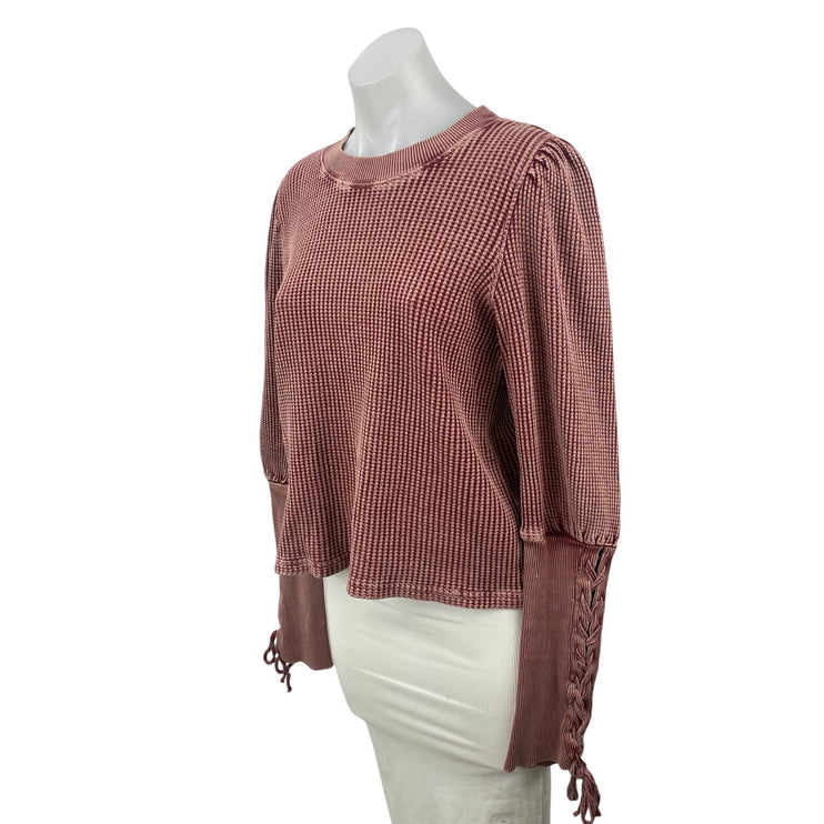 Free People FP One Wesley Maroon Waffle Knit Lace Long Sleeve Thermal Sweater M