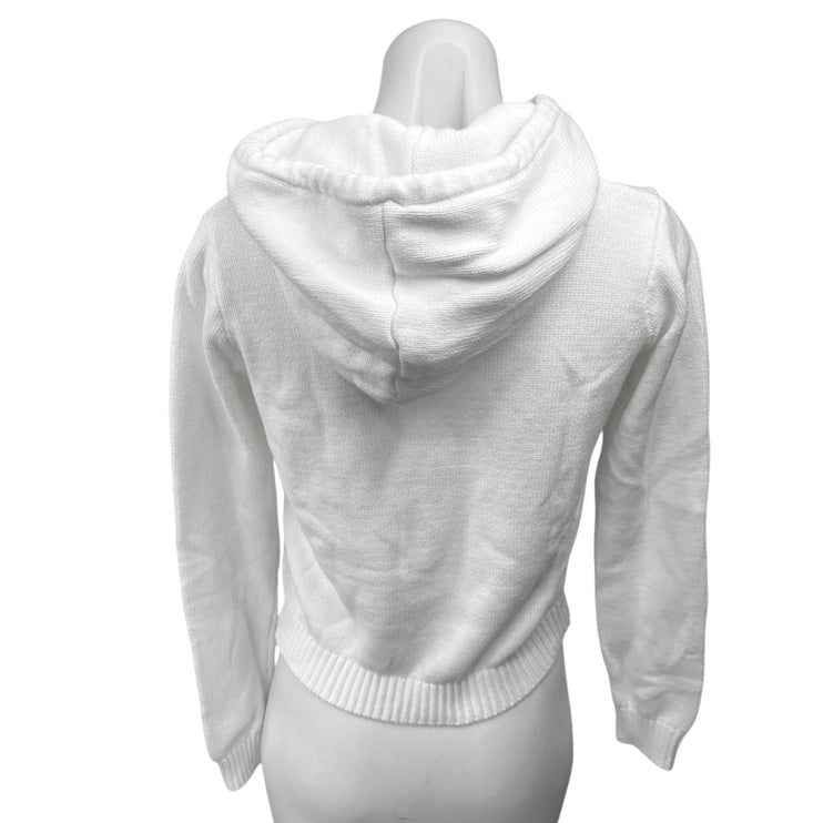 Brandy Melville White Knit Zip Up Drawstring Crop Hoodie Sweater Jacket Size S