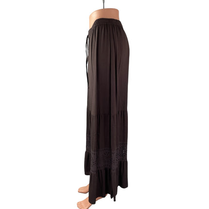 Bass Women's Brown Floral Eyelet Tiered Ruffled Flowy Boho Maxi A-Line Skirt M