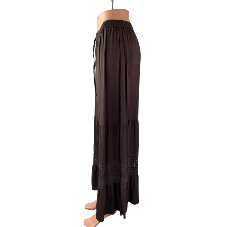 Bass Women's Brown Floral Eyelet Tiered Ruffled Flowy Boho Maxi A-Line Skirt M