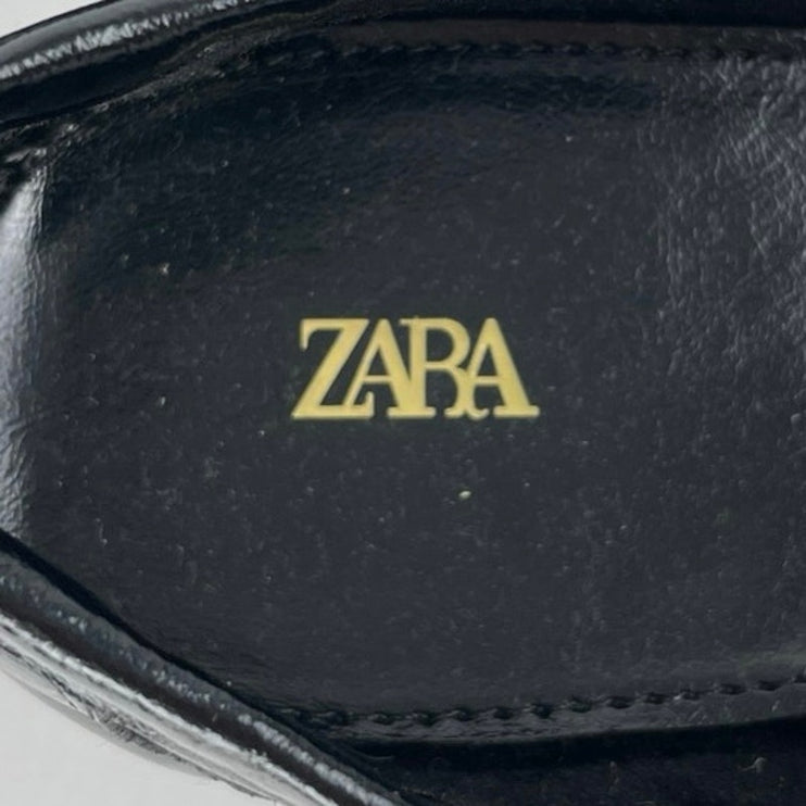 Zara Women's Black Ruched Gathered Leather Slip On Penny Loafer Flat Shoes Sz 39