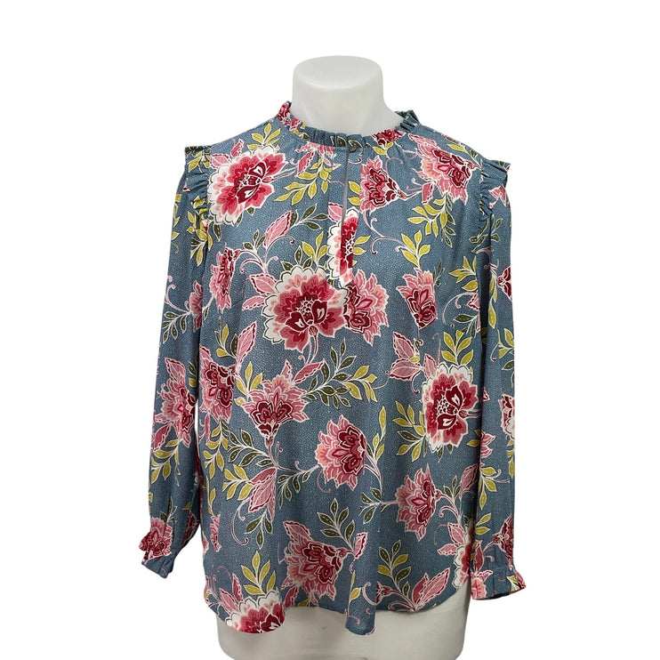 Ann Taylor LOFT Blue Dots Floral Long Sleeve Ruffle Keyhole Blouse Top Size 16