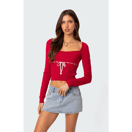 Edikted Natasha Women's Red Ribbed Knit Ribbon Bow Long Sleeve Crop Top Size M