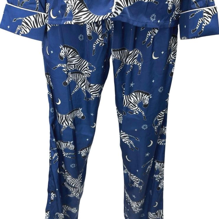 Averie Blue Silk Satin Zebra Print Button Down 2 Piece Sleepwear Pajamas Set S