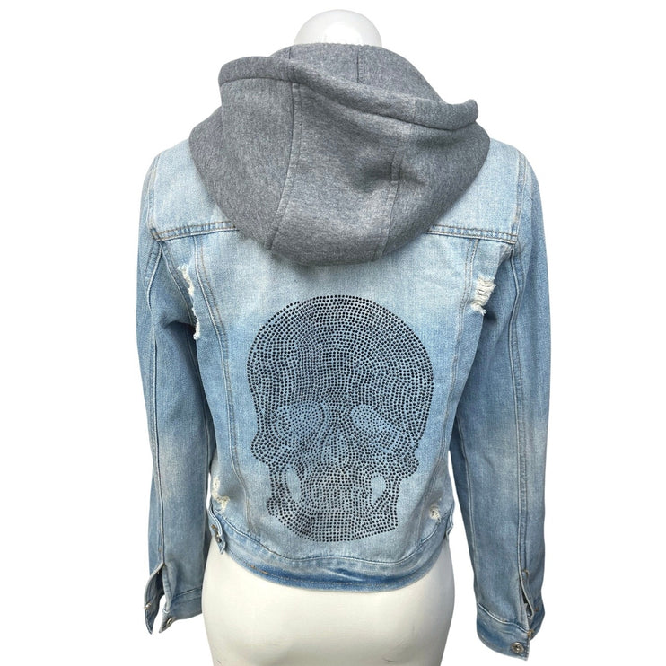 Ci Sono Blue Denim Studded Skull Distressed Button Hoodie Jean Jacket Coat Sz M