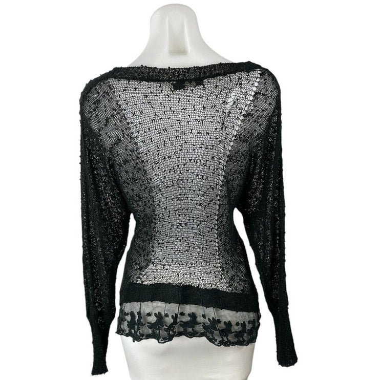 Millau Black Sheer Mesh Lace Long Sleeve Tee T-Shirt Tunic Blouse Sweater Top M