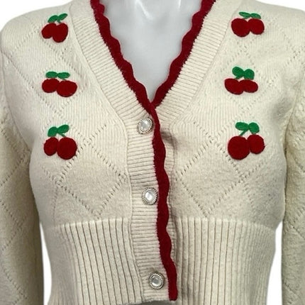 Cider Cream Red Strawberry Knit V Neck Button Up Crop Cardigan Sweater Size S
