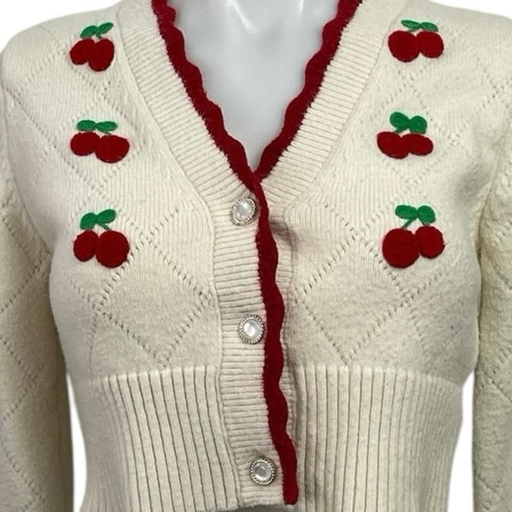 Cider Cream Red Strawberry Knit V Neck Button Up Crop Cardigan Sweater Size S