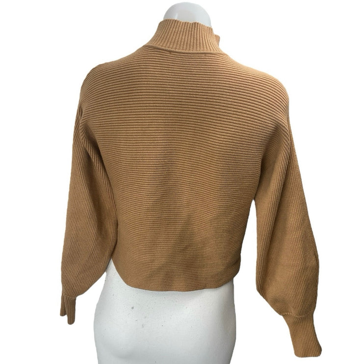 Zara Tan Long Balloon Sleeve Ribbed Knit Turtleneck Boxy Sweater Top Size M