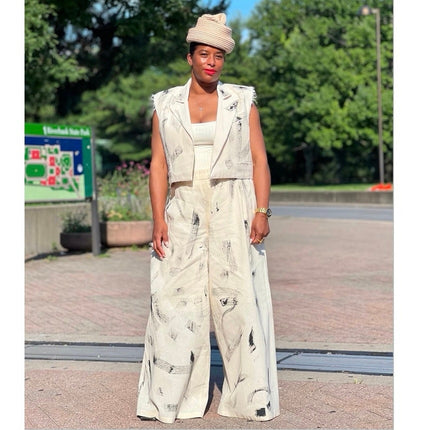 Janice, James & Joan Sleeveless Painted Blazer & Wide Leg Trouser Pants Set Sz S