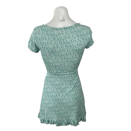 Pull & Bear Green Ditsy Floral Short Sleeve Cutout Ruffle A Line Mini Dress XS